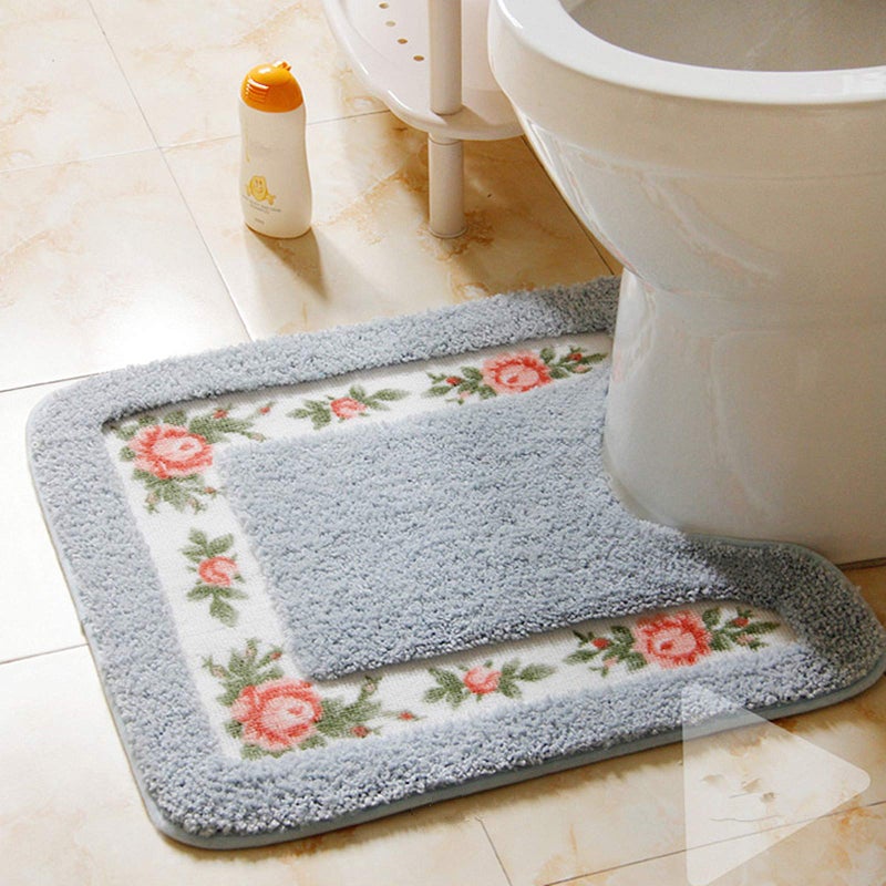 UKELER Absorbent Bathroom Rug Set of 2 Floral Rose Bath Rug Washable Non-Skid Microfiber Shaggy Toilet Rug for Bathroom, 17.7''x29.5''+20''x20'' Bath Mat, Blue - Image 4
